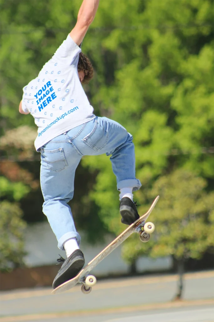 Man Wearing White T-shirt Mockup Back View Template