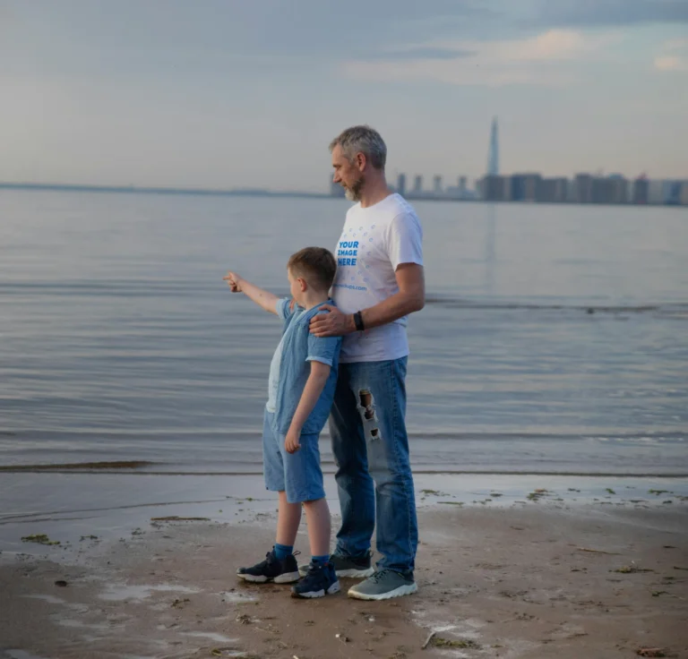 Man Wearing White T-shirt Mockup Front View Template