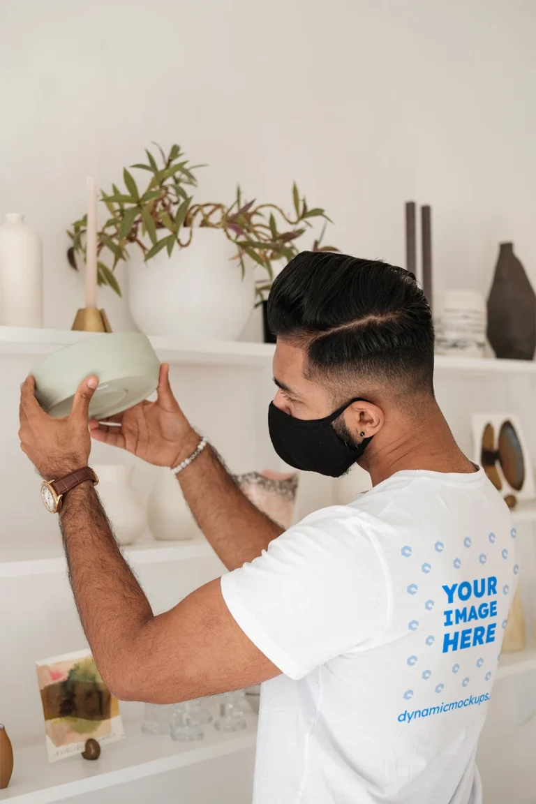 Man Wearing White T-shirt Mockup Back View Template