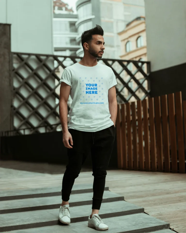Man Wearing White T-shirt Mockup Front View Template
