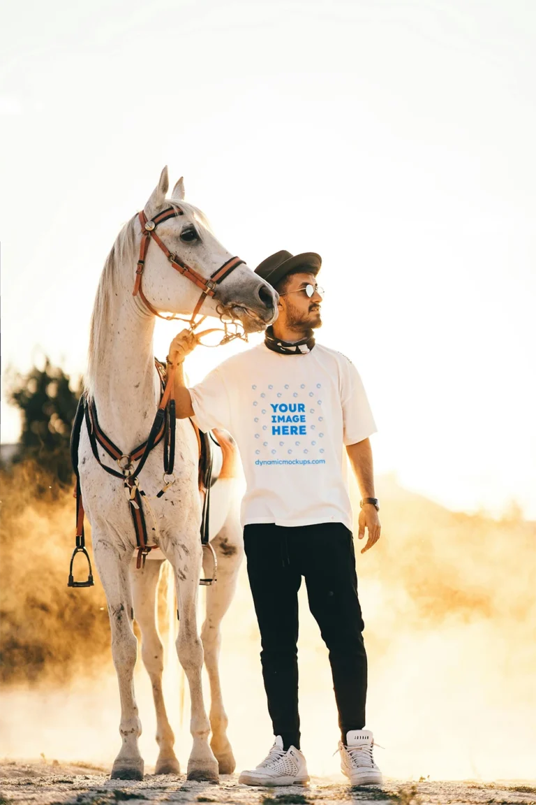 Man Wearing White T-shirt Mockup Front View Template