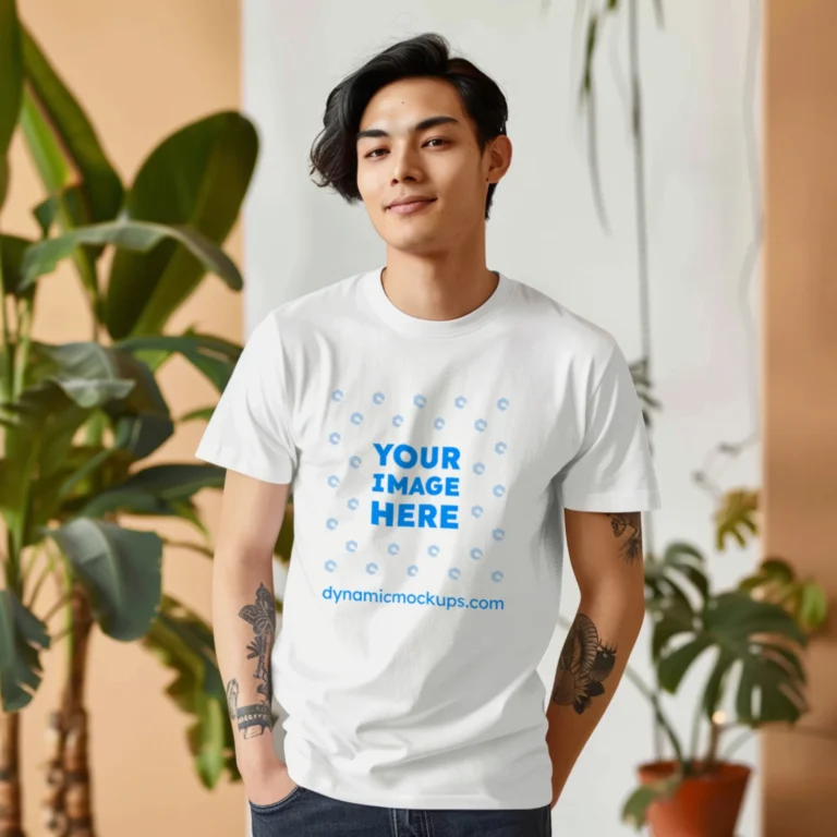 Man Wearing White T-shirt Mockup Front View Template