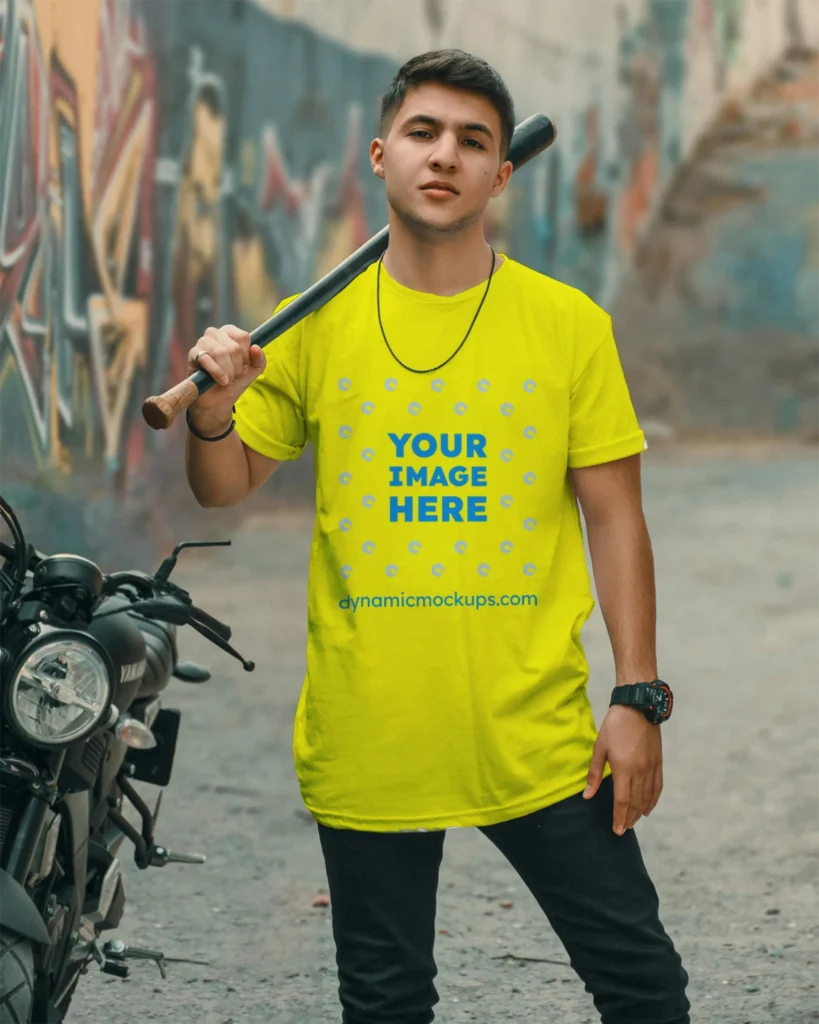 Man Wearing Yellow T-shirt Mockup Front View Template