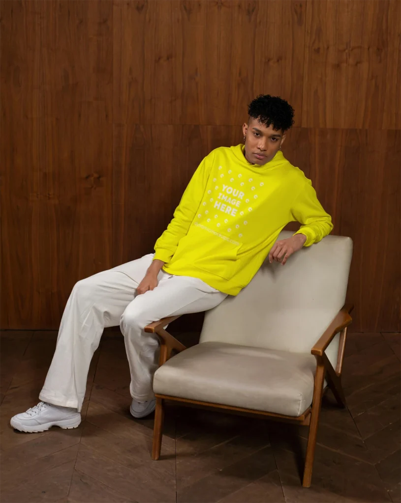 Man Wearing Yellow Hoodie Mockup Front View Template