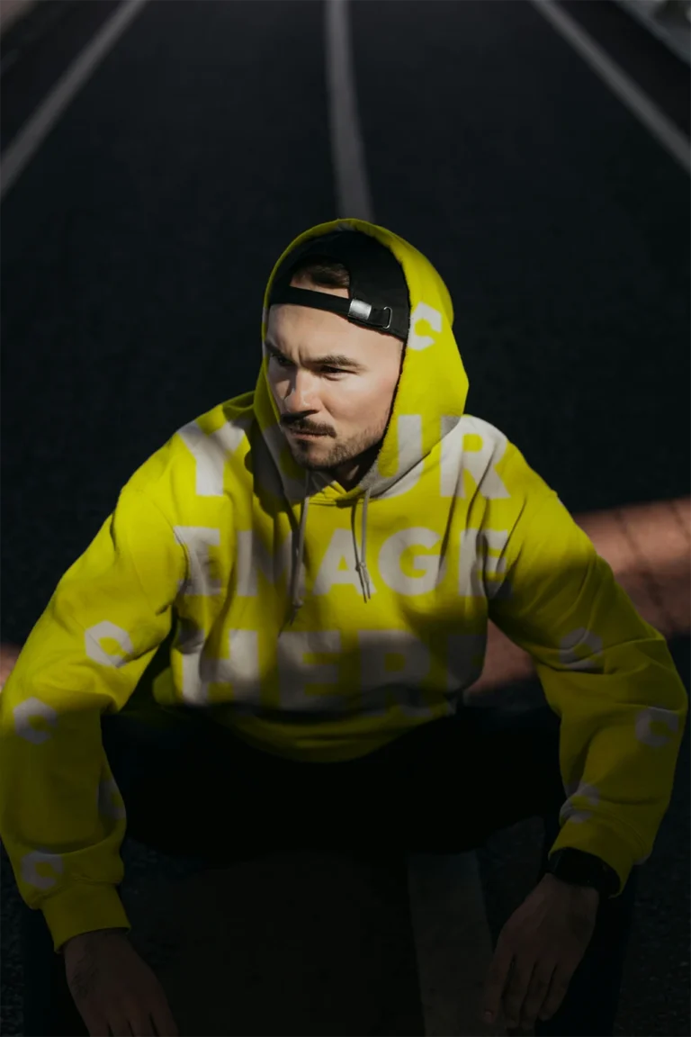 Man Wearing Yellow Hoodie Mockup Front View Template