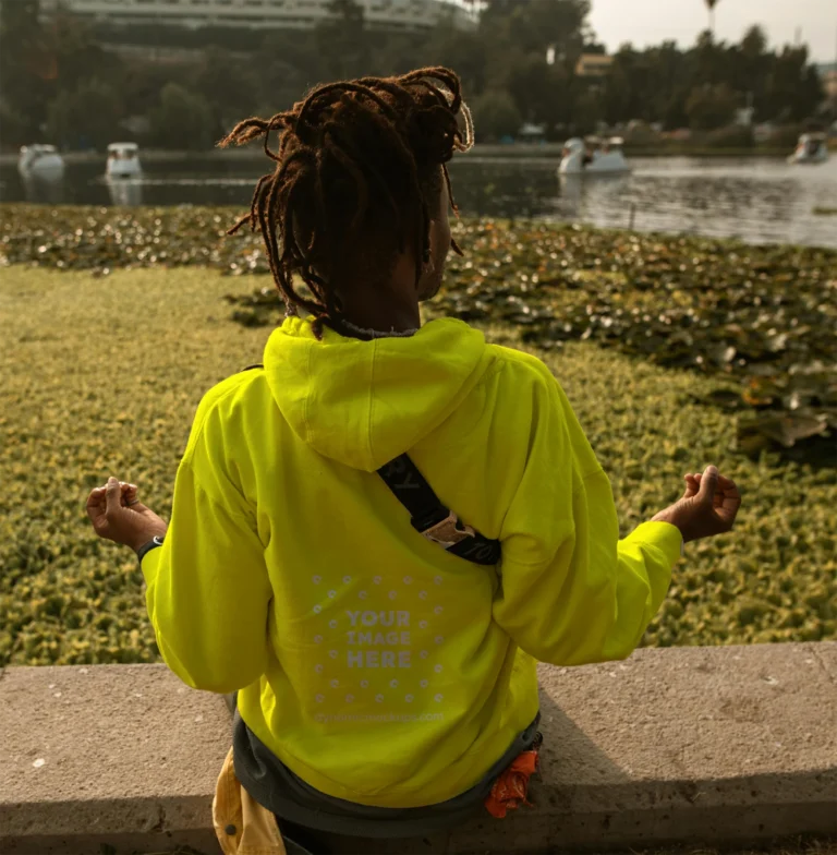 Man Wearing Yellow Hoodie Mockup Back View Template