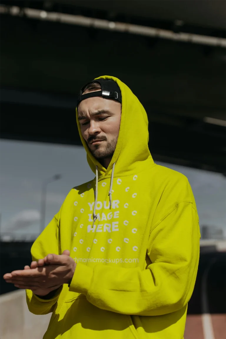 Man Wearing Yellow Hoodie Mockup Front View Template