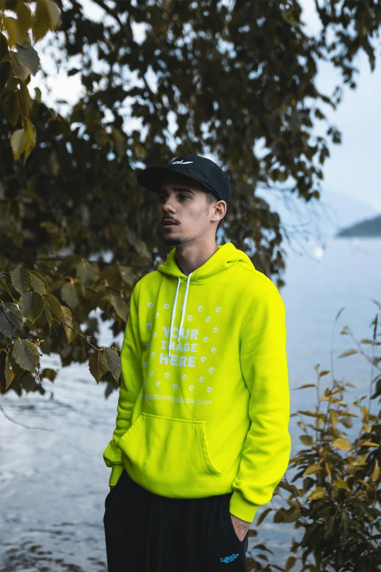 Man Wearing Yellow Hoodie Mockup Front View Template