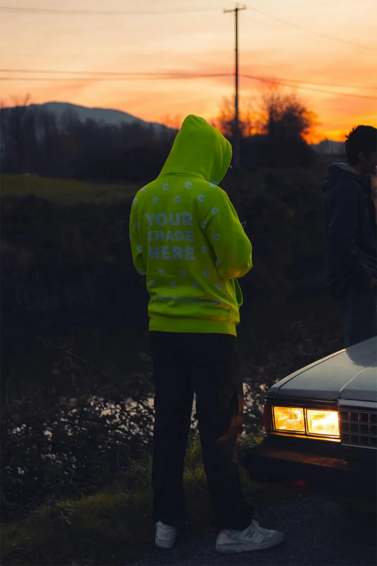 Man Wearing Yellow Hoodie Mockup Back View Template