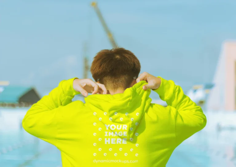 Man Wearing Yellow Hoodie Mockup Back View Template