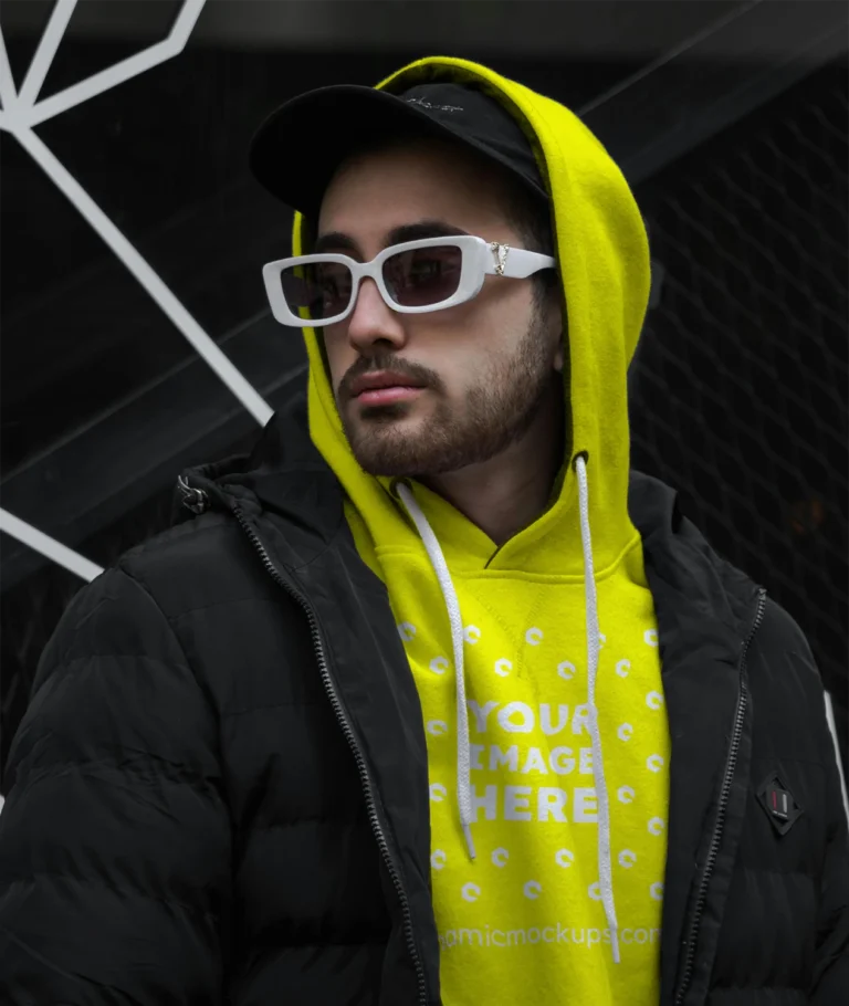 Man Wearing Yellow Hoodie Mockup Front View Template