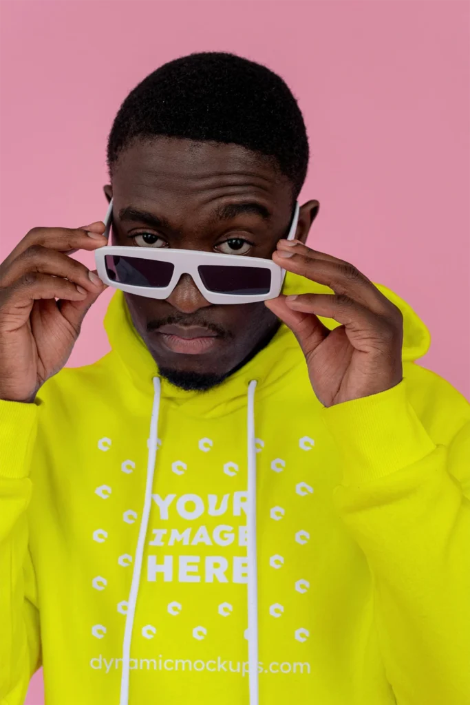Man Wearing Yellow Hoodie Mockup Front View Template