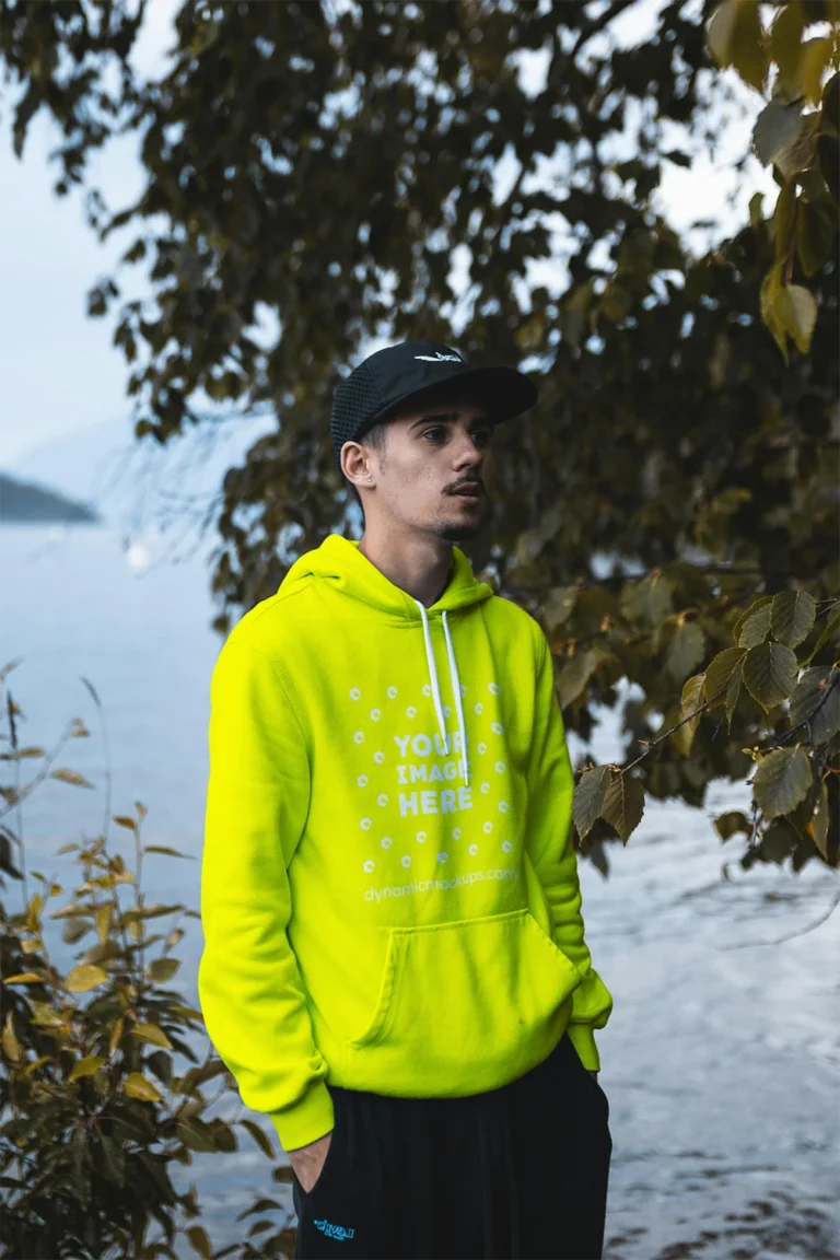Man Wearing Yellow Hoodie Mockup Front View Template