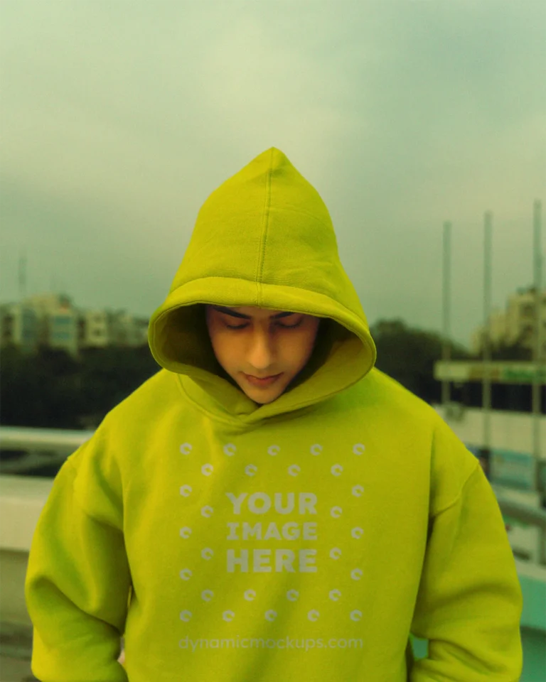 Man Wearing Yellow Hoodie Mockup Front View Template