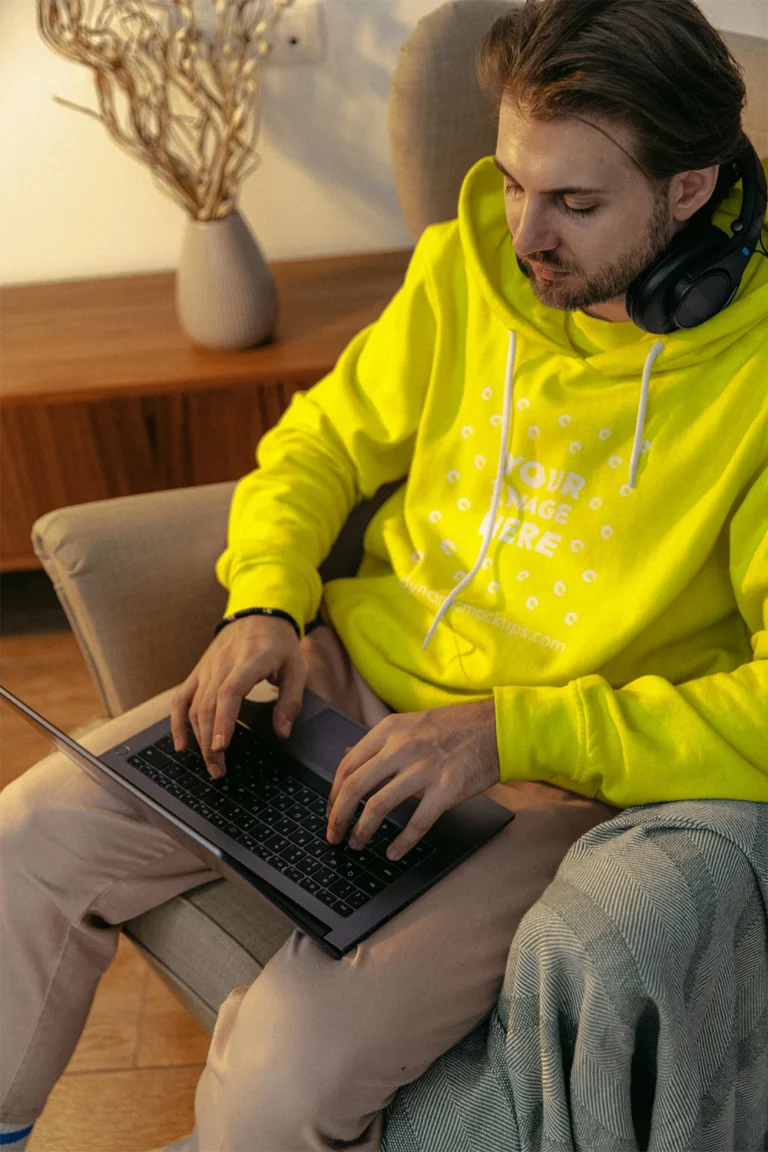 Man Wearing Yellow Hoodie Mockup Front View Template
