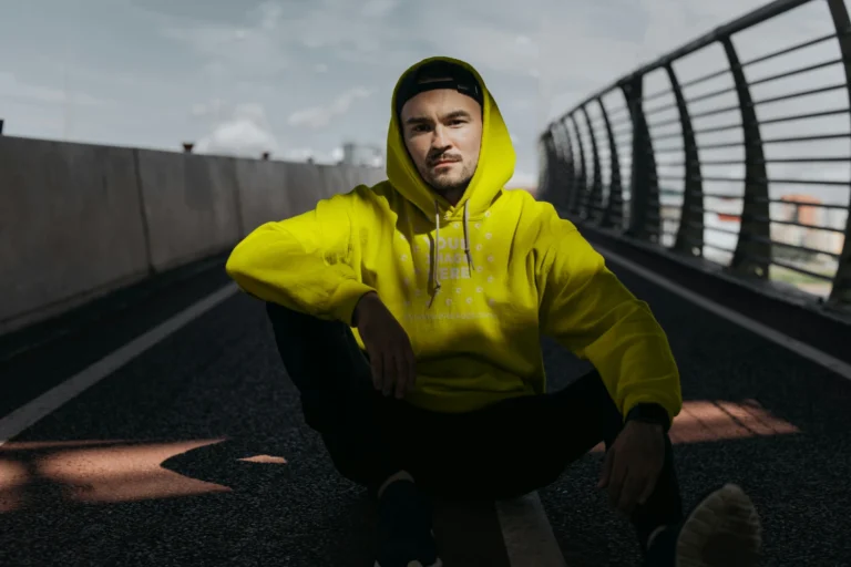 Man Wearing Yellow Hoodie Mockup Front View Template