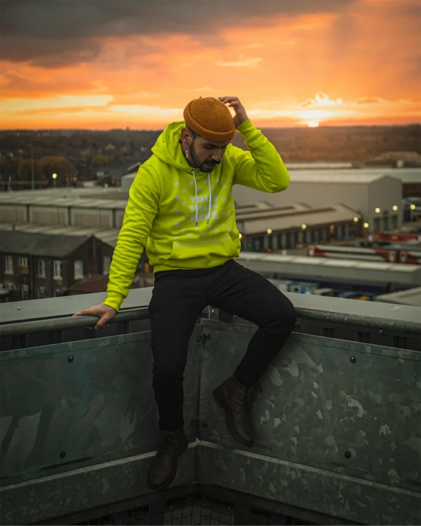 Man Wearing Yellow Hoodie Mockup Front View Template