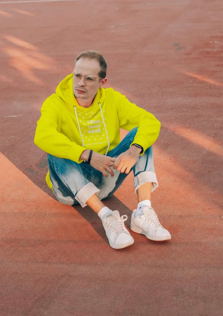Man Wearing Yellow Hoodie Mockup Front View Template