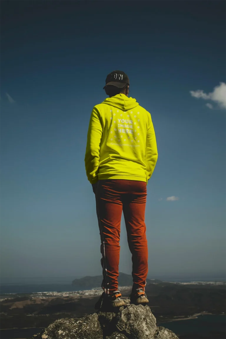 Man Wearing Yellow Hoodie Mockup Back View Template