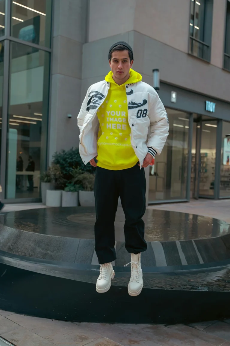 Man Wearing Yellow Hoodie Mockup Front View Template