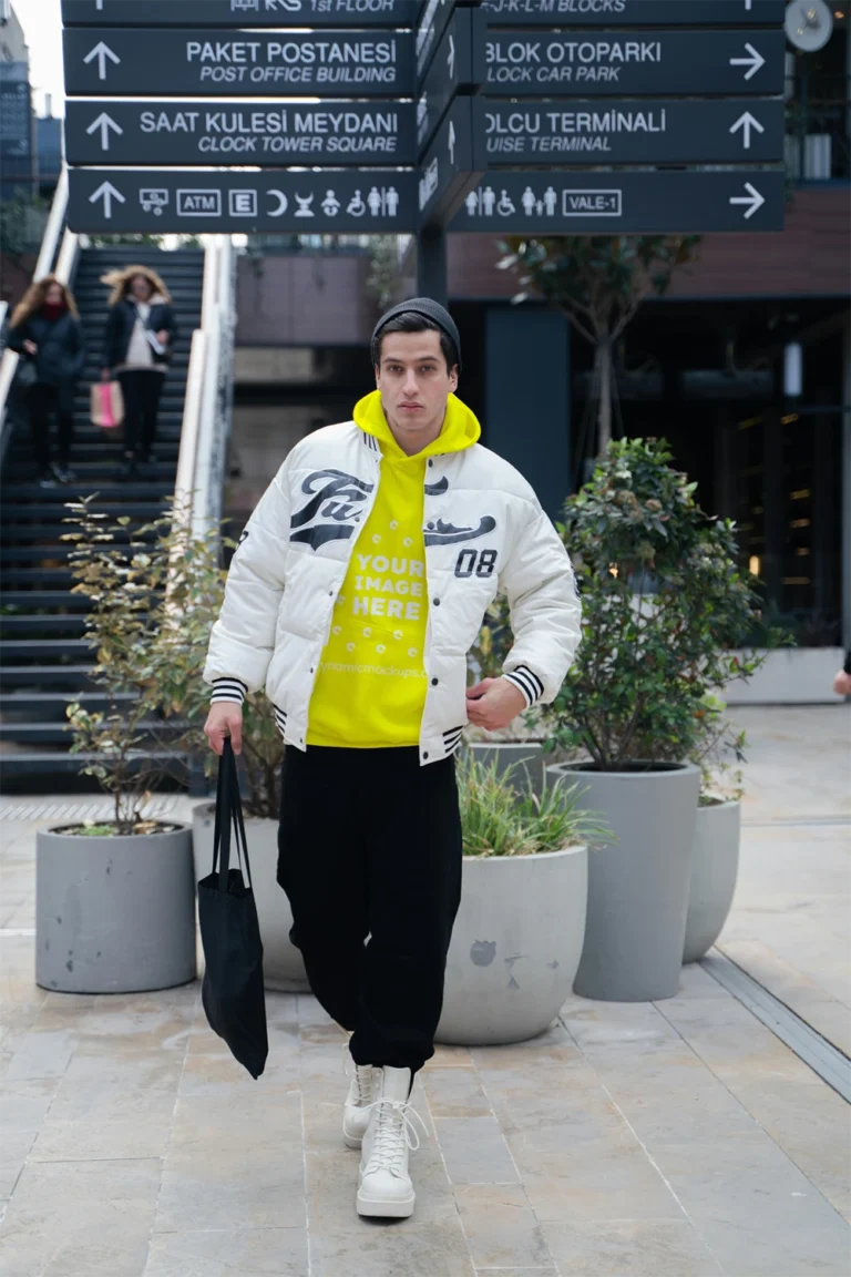 Man Wearing Yellow Hoodie Mockup Front View Template