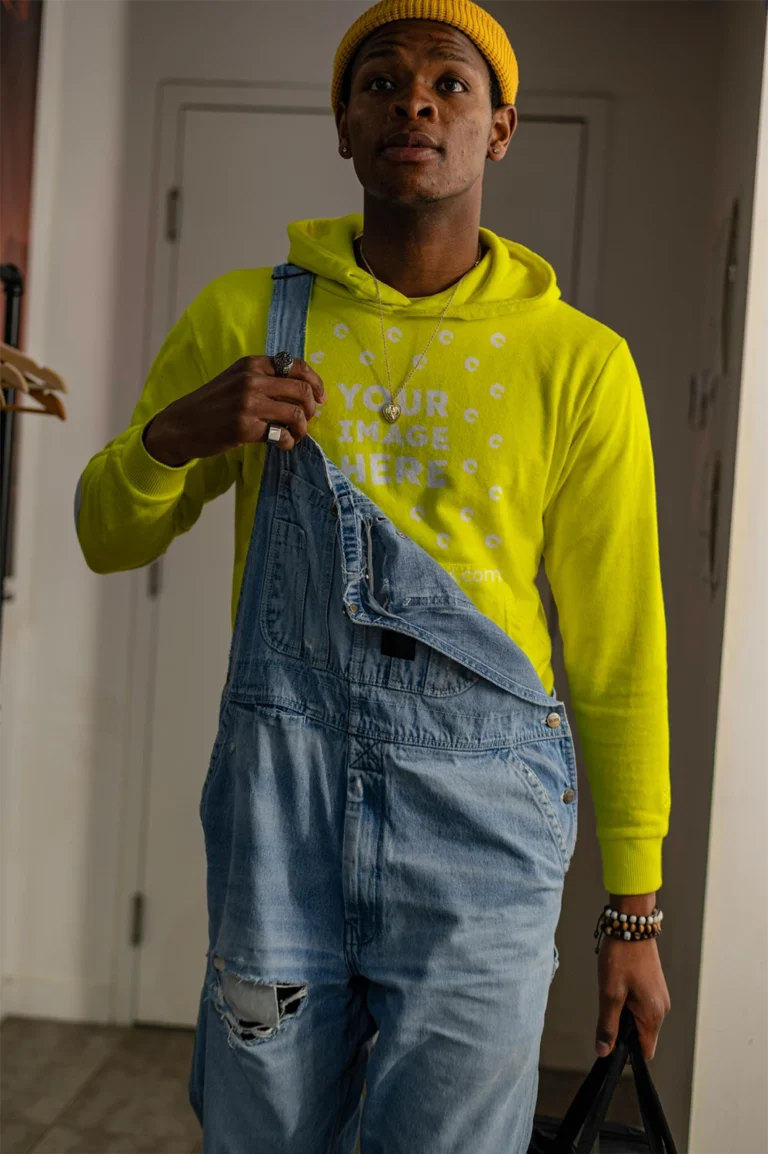 Man Wearing Yellow Hoodie Mockup Front View Template