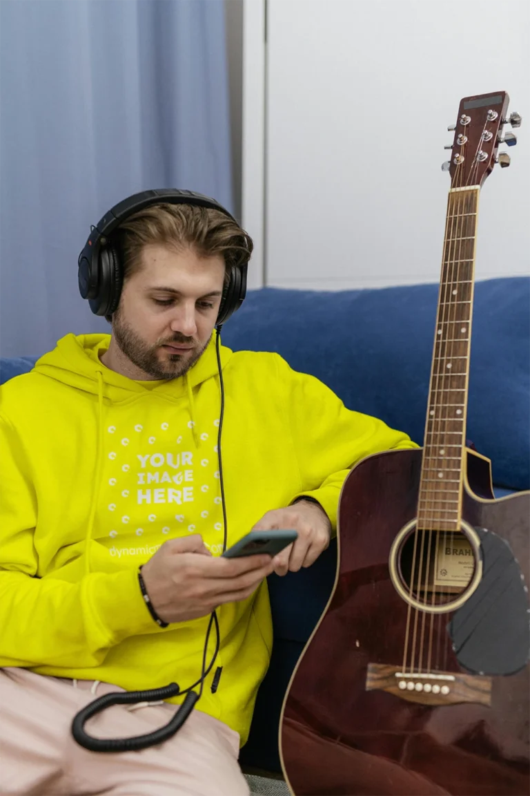 Man Wearing Yellow Hoodie Mockup Front View Template