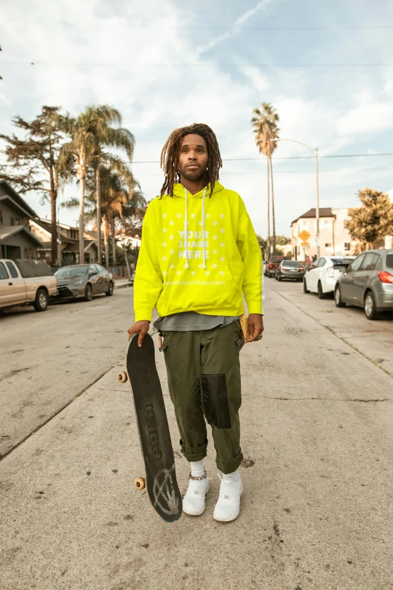 Man Wearing Yellow Hoodie Mockup Front View Template