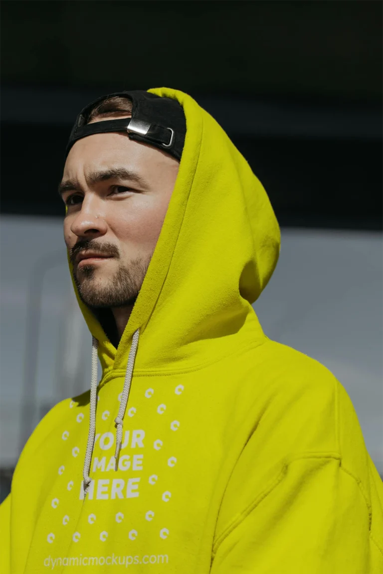 Man Wearing Yellow Hoodie Mockup Front View Template