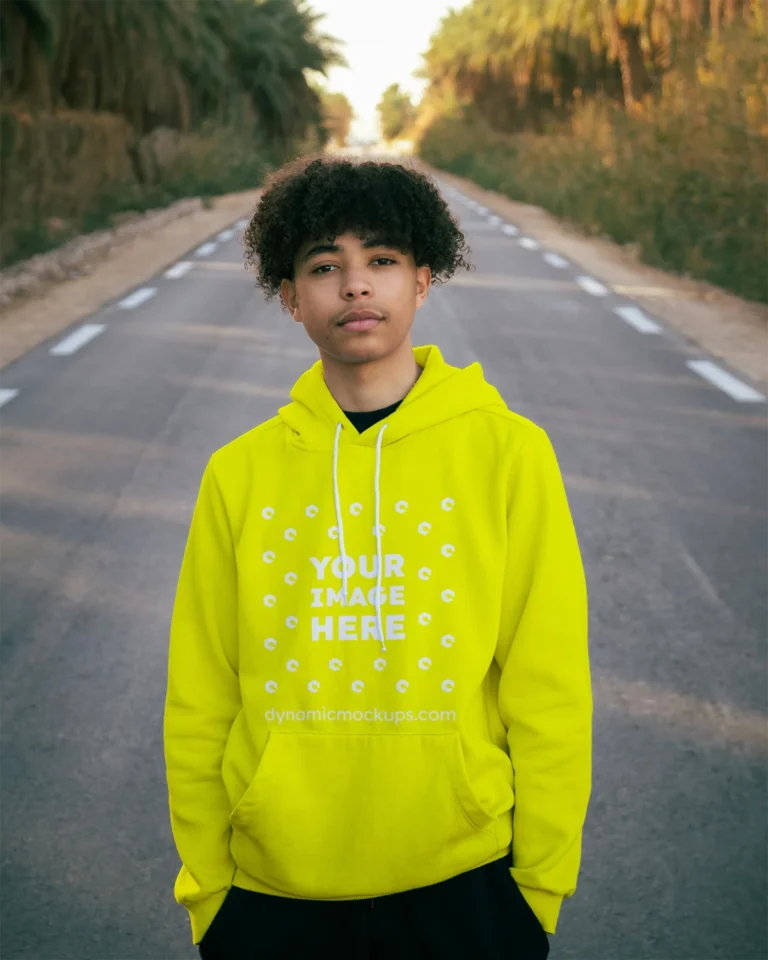 Man Wearing Yellow Hoodie Mockup Front View Template