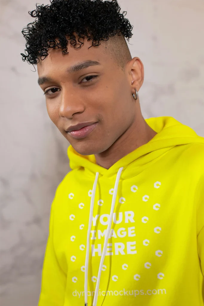 Man Wearing Yellow Hoodie Mockup Front View Template