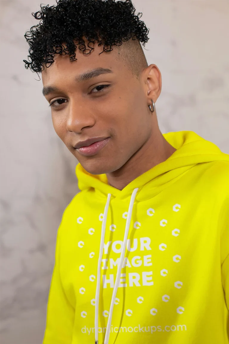Man Wearing Yellow Hoodie Mockup Front View Template