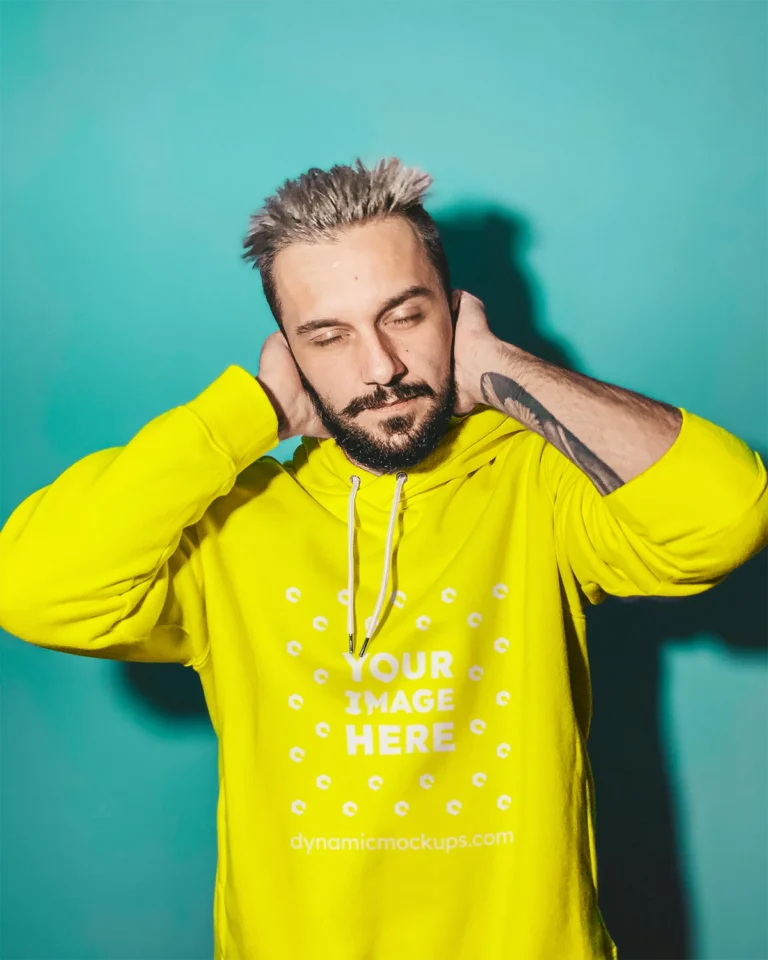 Man Wearing Yellow Hoodie Mockup Front View Template
