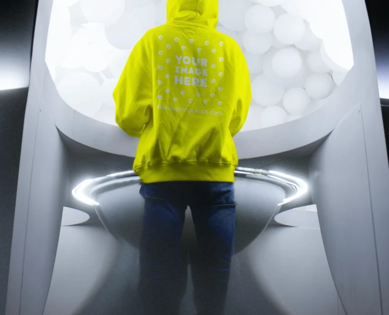 Man Wearing Yellow Hoodie Mockup Back View Template