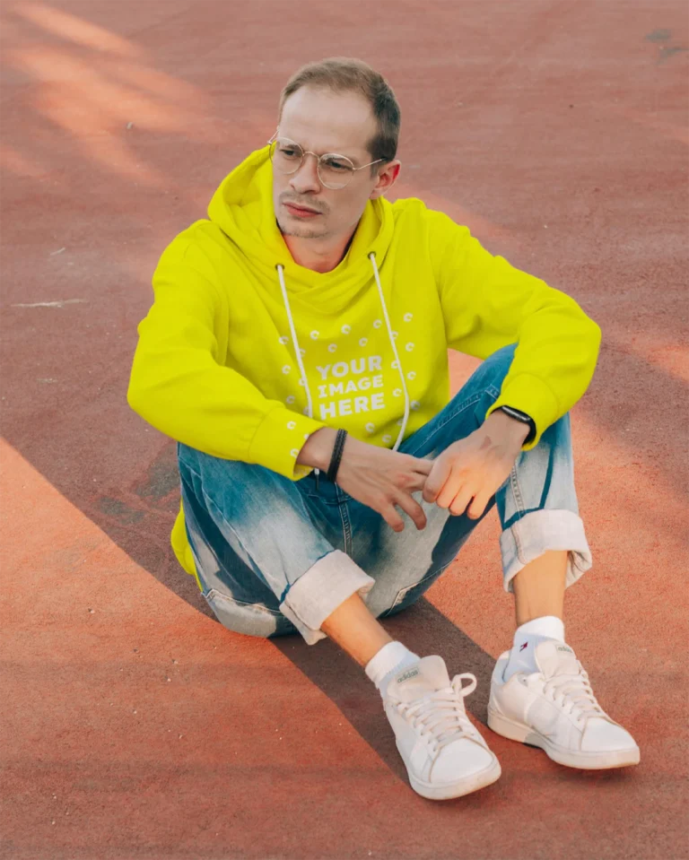 Man Wearing Yellow Hoodie Mockup Front View Template