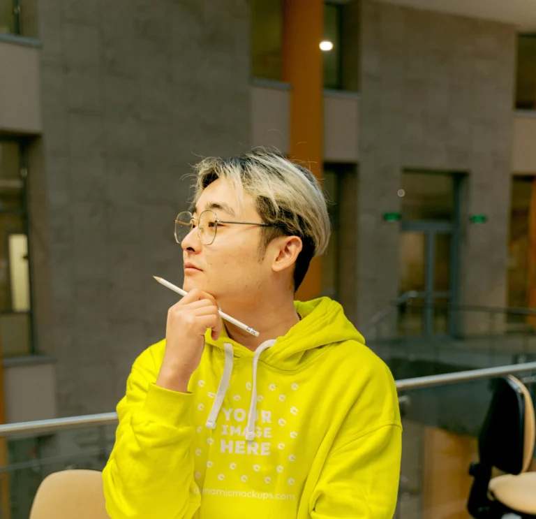 Man Wearing Yellow Hoodie Mockup Front View Template