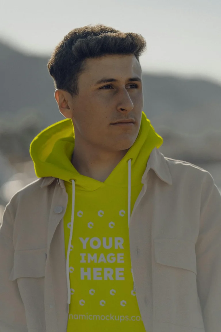 Man Wearing Yellow Hoodie Mockup Front View Template
