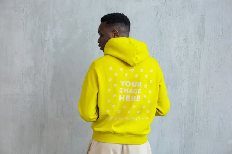 Man Wearing Yellow Hoodie Mockup Back View Template