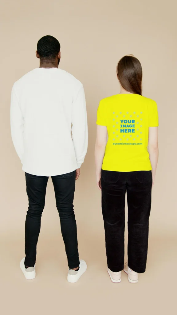 Man Wearing Yellow T-shirt Mockup Back View Template