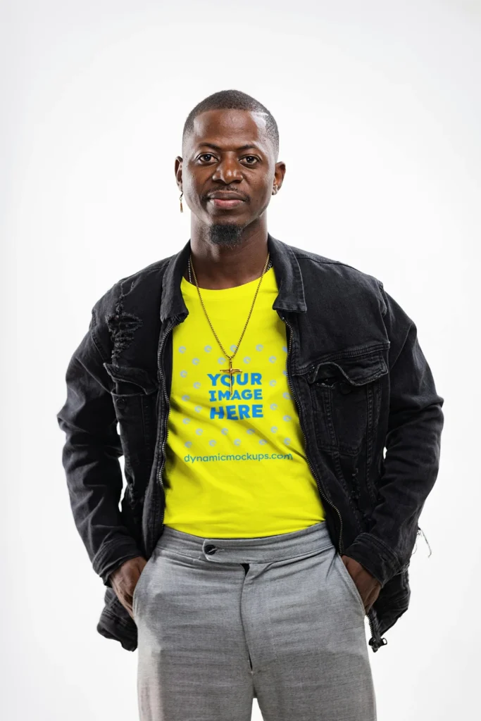 Man Wearing Yellow T-shirt Mockup Front View Template