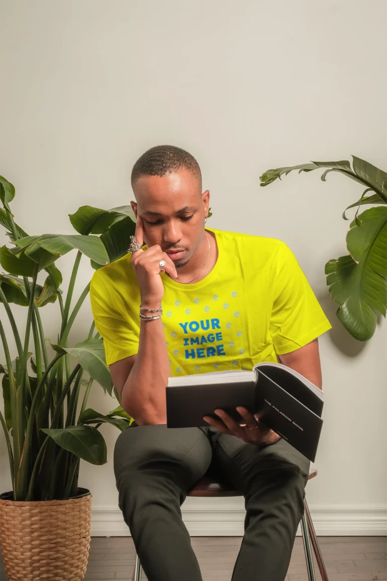 Man Wearing Yellow T-shirt Mockup Front View Template