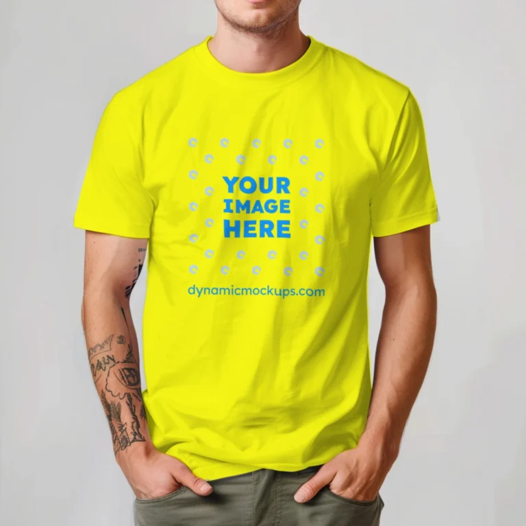 Man Wearing Yellow T-shirt Mockup Front View Template