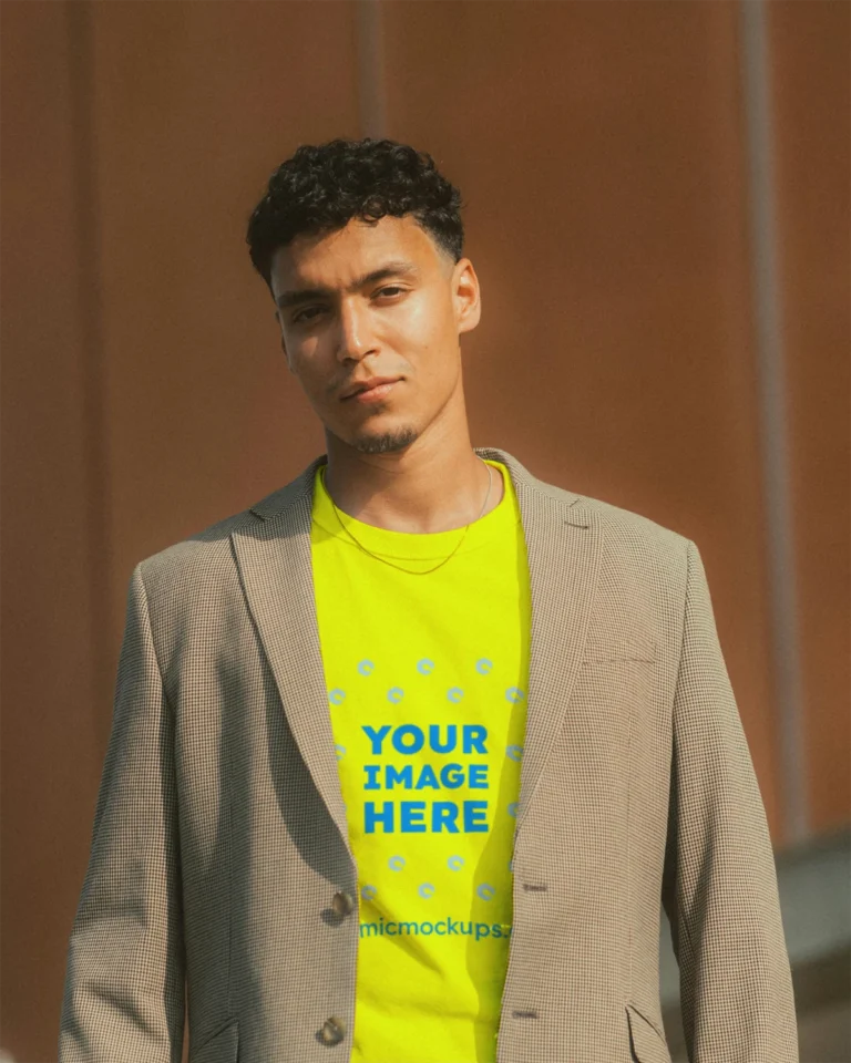 Man Wearing Yellow T-shirt Mockup Front View Template