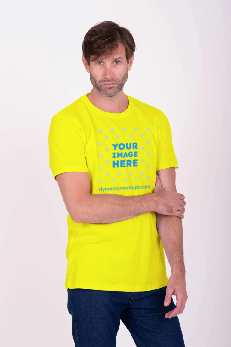 Man Wearing Yellow T-shirt Mockup Front View Template