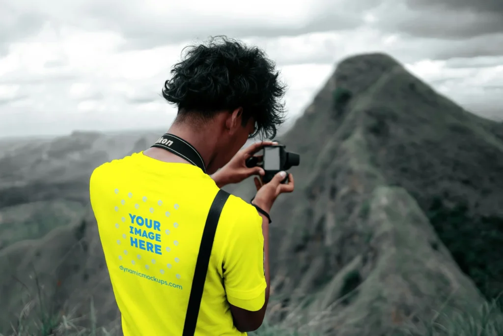 Man Wearing Yellow T-shirt Mockup Back View Template