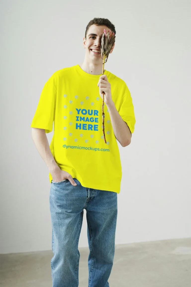 Man Wearing Yellow T-shirt Mockup Front View Template