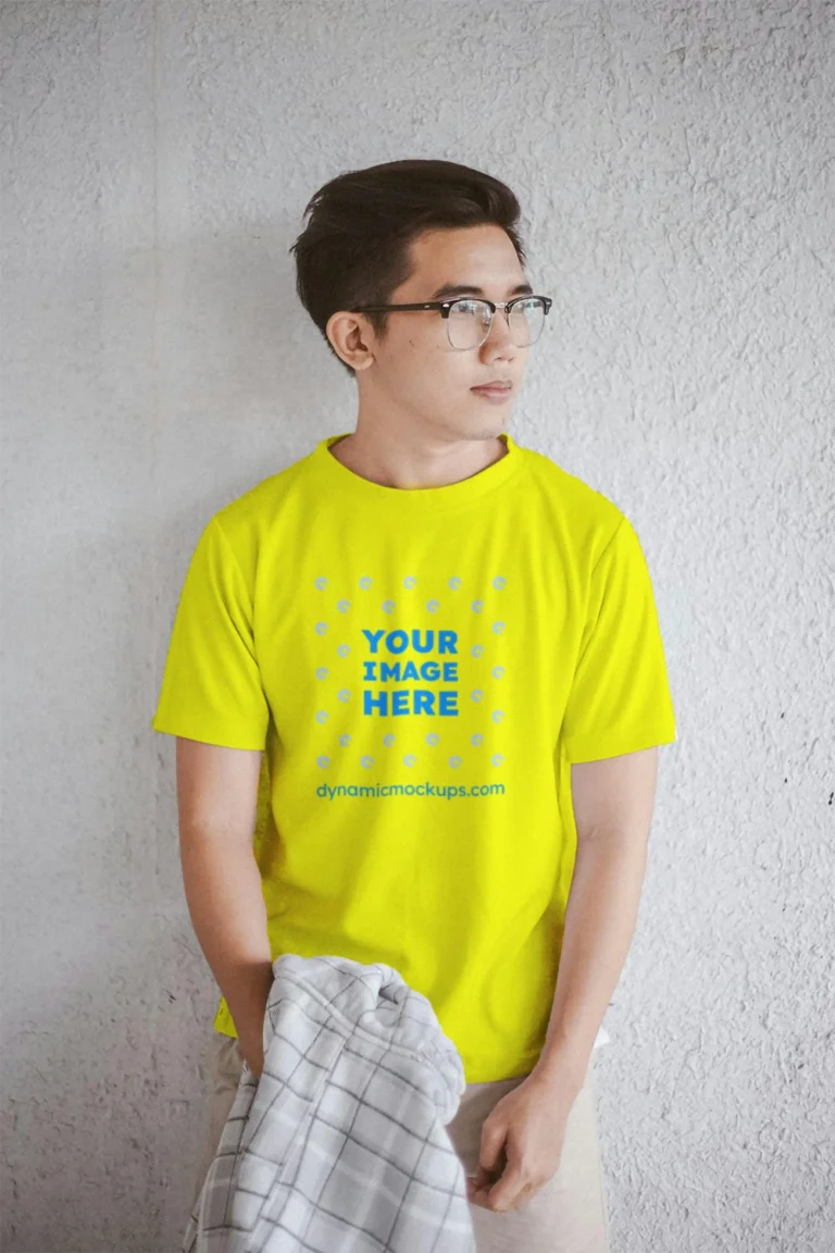 Man Wearing Yellow T-shirt Mockup Front View Template