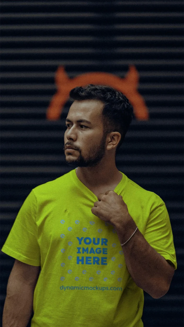 Man Wearing Yellow T-shirt Mockup Front View Template