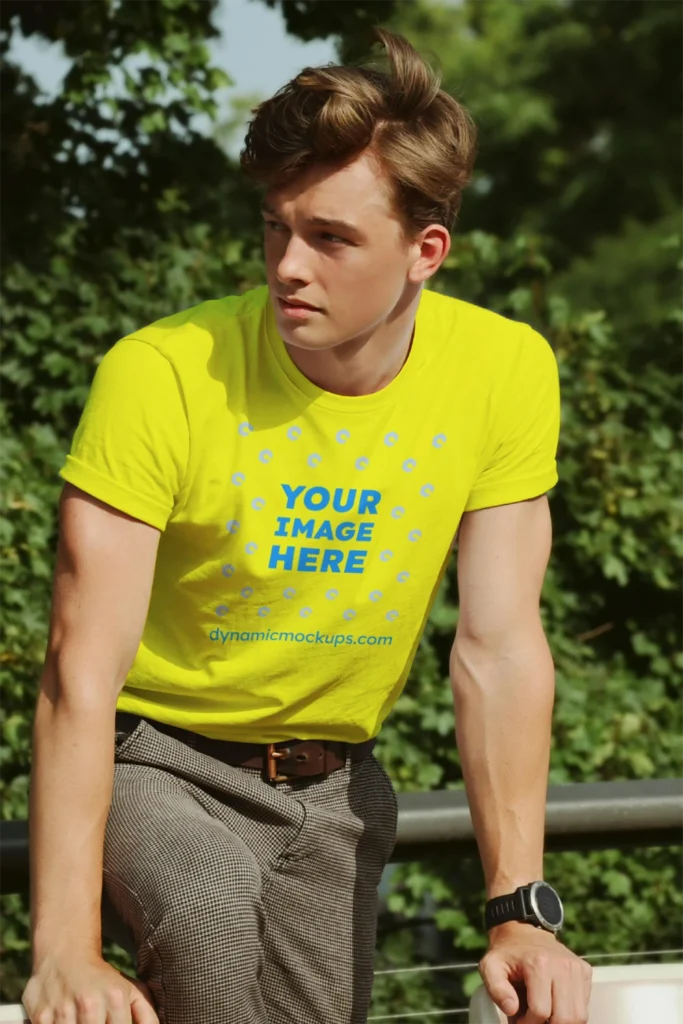 Man Wearing Yellow T-shirt Mockup Front View Template