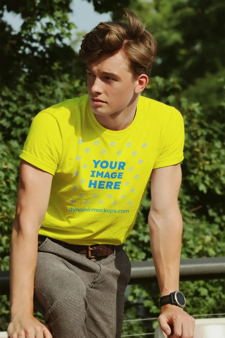 Man Wearing Yellow T-shirt Mockup Front View Template